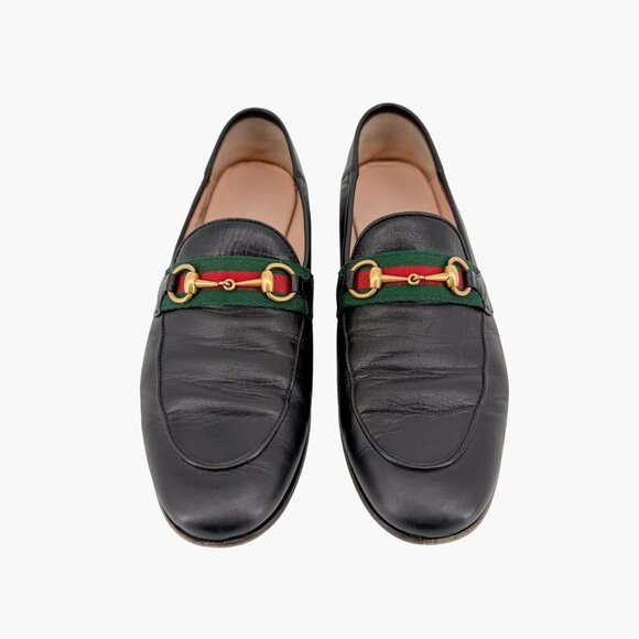 Gucci Brixton Black Leather Web Stripe Horsebit Loafers Size 38.5 US 8.5 Women's - Picture 3 of 15